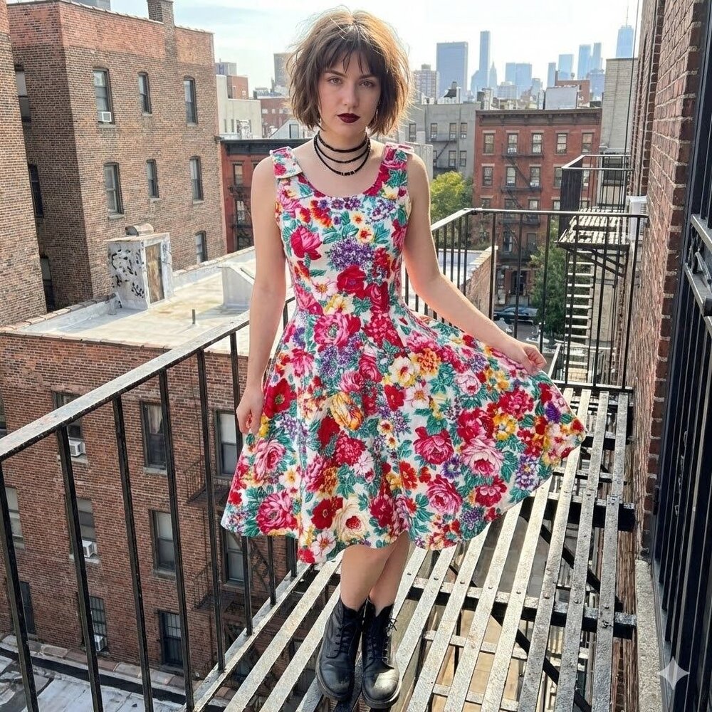 Vintage 90s Floral Cotton Fit Flare Dress 8 Crinoline Garden Bow Shoulder Pink